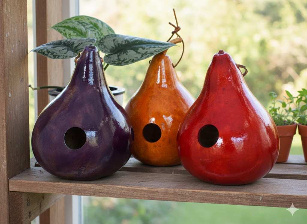 Purple, Tan and Red Gourd Birdhouses sitting on a studio shelf Set of 3 Gourd Birdhouses