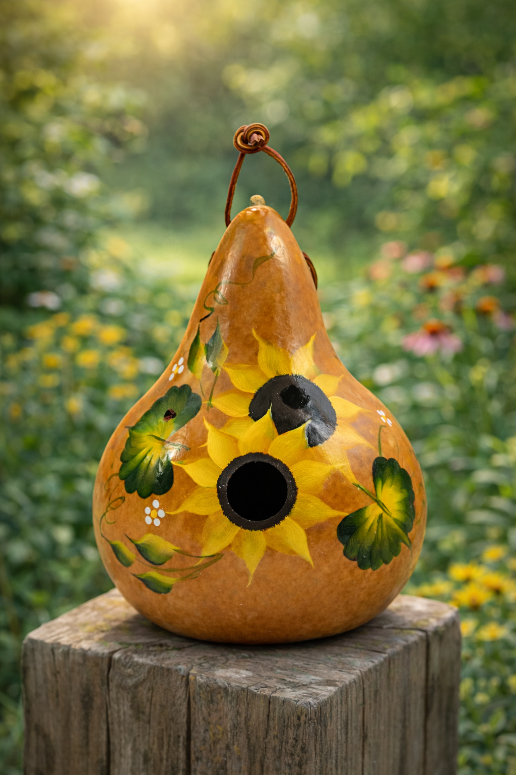 Hand Painted Sunflower Gourd Birdhouse decorative gourd with sunflower design on a wooden post in a garden setting