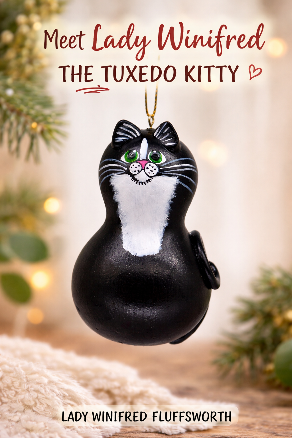Tuxedo Cat Ornament – Handmade Bottle Gourd Cat Decor