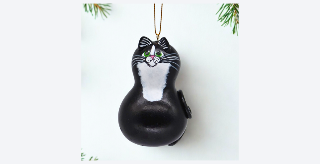 Tuxedo Cat Ornament – Handmade Bottle Gourd Cat Decor