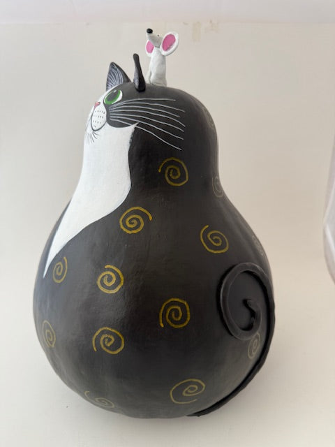 Tuxedo Cat Gourd with Mouse on the Head