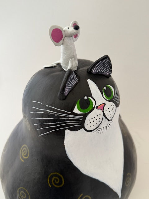 Tuxedo Cat Gourd with Mouse on the Head