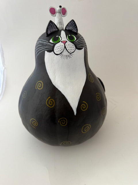 Tuxedo Cat Gourd with Mouse on the Head