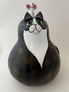 Tuxedo Cat Gourd with Mouse on the Head