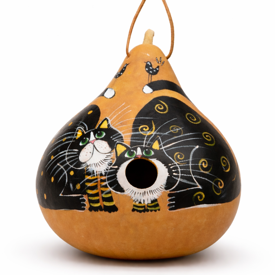 Tuxedo Cat Gourd Birdhouse Front View