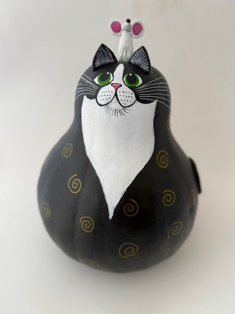 Tuxedo Cat Gourd with Mouse on the Head