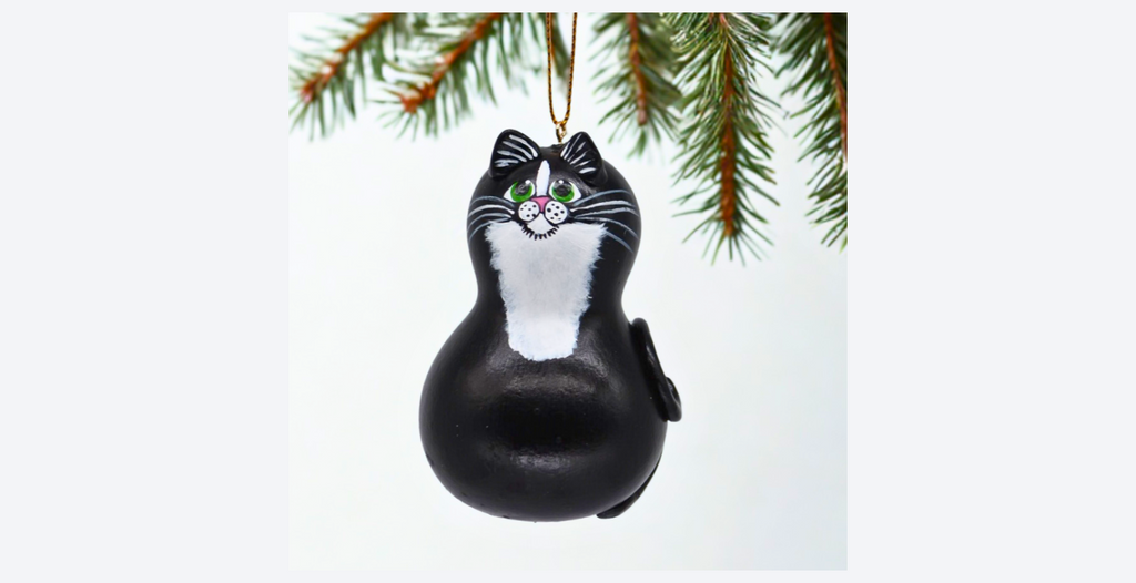 Tuxedo Cat Ornament – Handmade Bottle Gourd Cat Decor