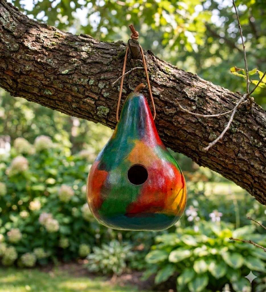 Hand-painted tie dye gourd birdhouse hanging in garden with leather cord for small birds