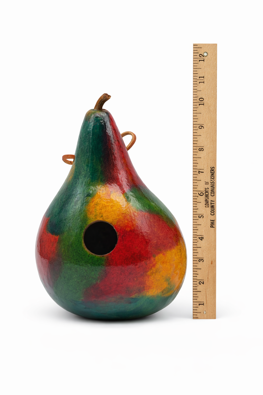 Hand-painted tie dye gourd birdhouse with leather hanger for small birds outdoors