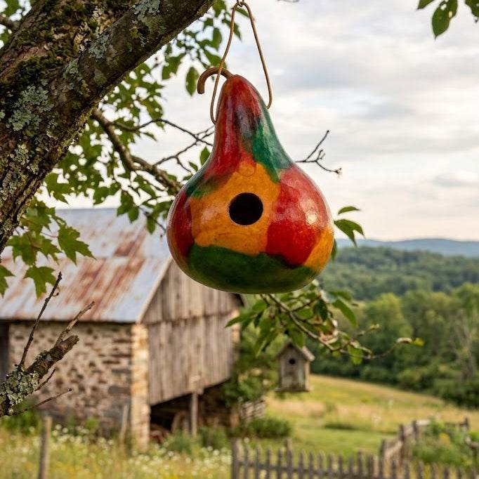 Hand-painted tie dye gourd birdhouse with leather hanger for small birds outdoor garden decor