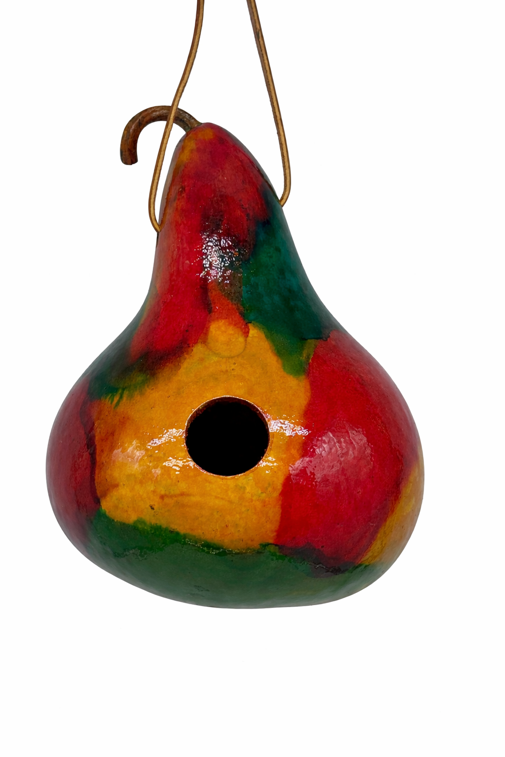 Hand-painted tie dye gourd birdhouse with leather hanger for small birds, colorful boho garden decor