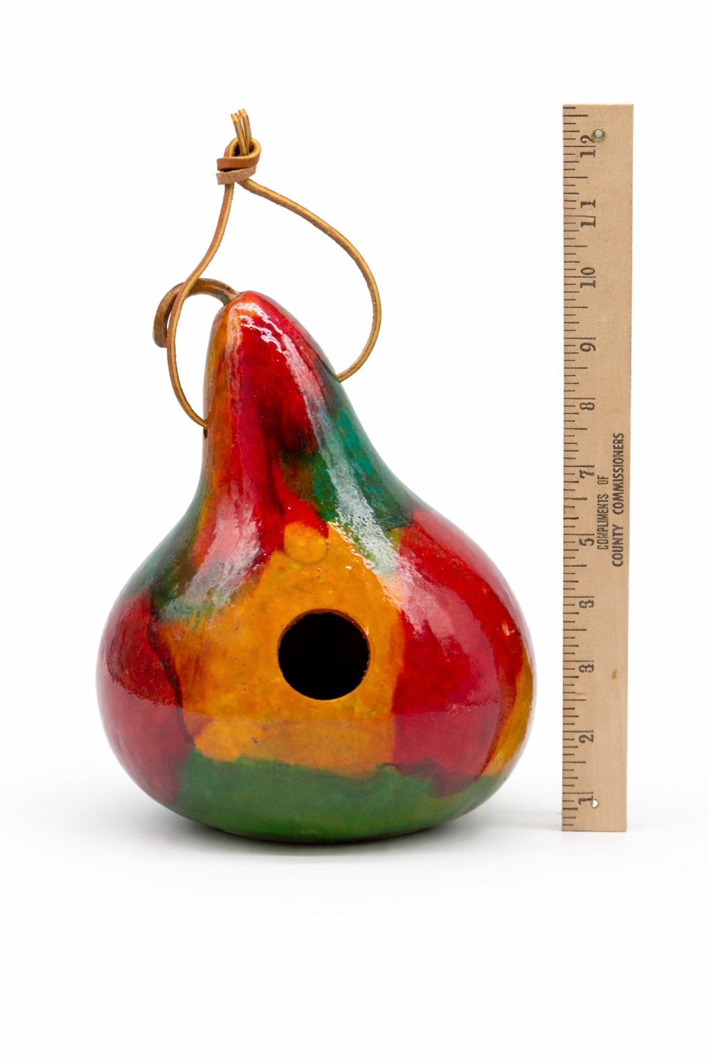 Hand-painted tie dye gourd birdhouse with leather hanger for small birds outdoor garden decor