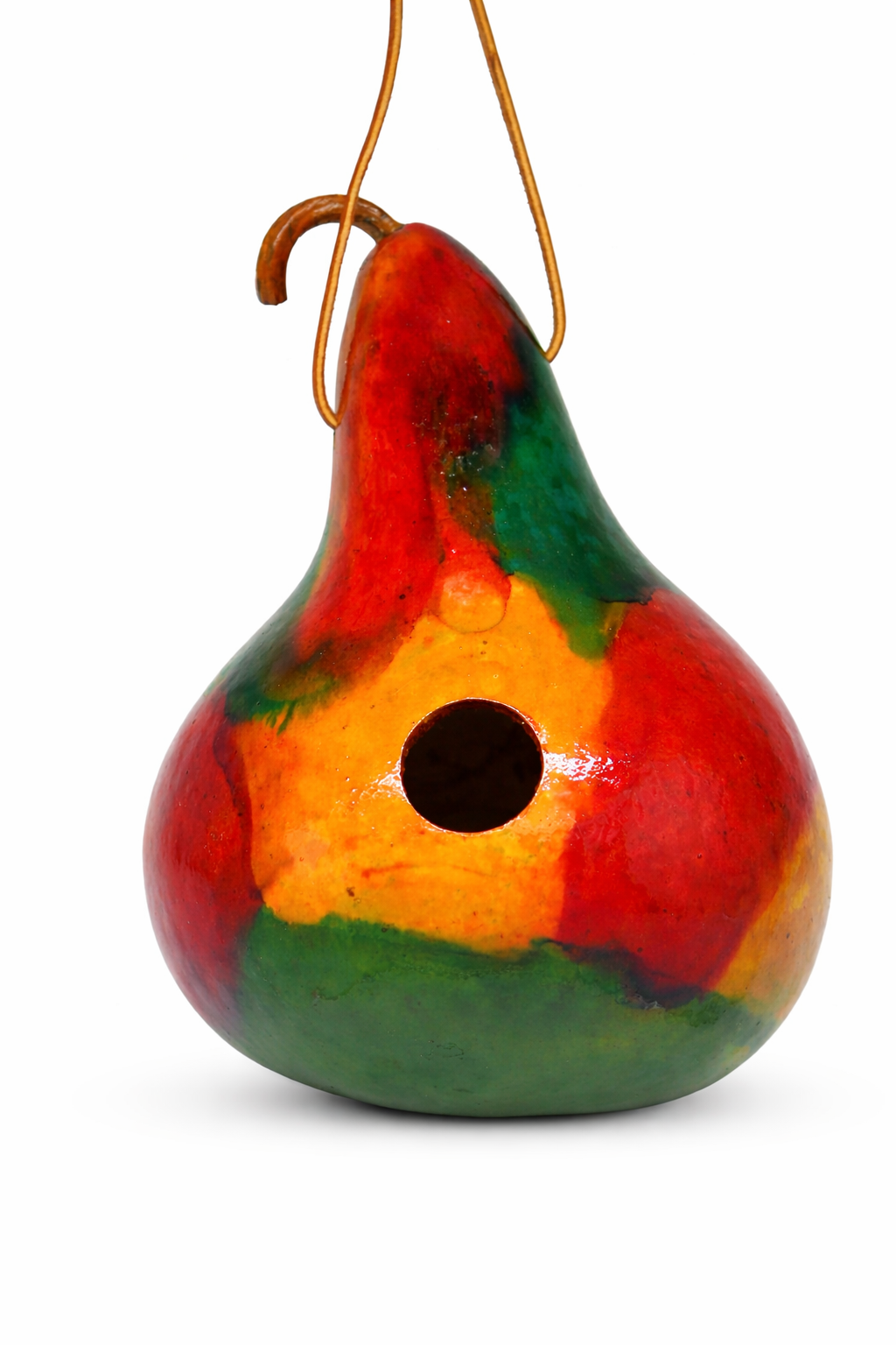Hand-painted tie dye gourd birdhouse with leather hanger for small birds outdoor garden decor