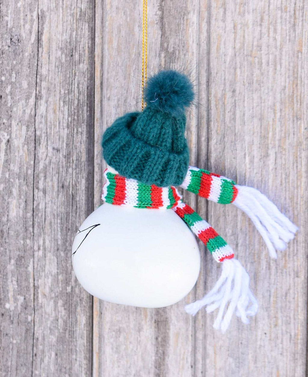 Hand painted snowman gourd ornament with red or green hat hanging on Christmas tree