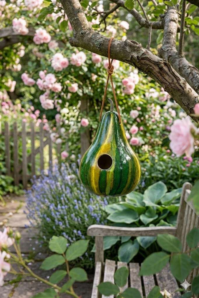 Handmade green striped gourd birdhouse with 1.5-inch entrance hole, ideal for wrens and chickadees.