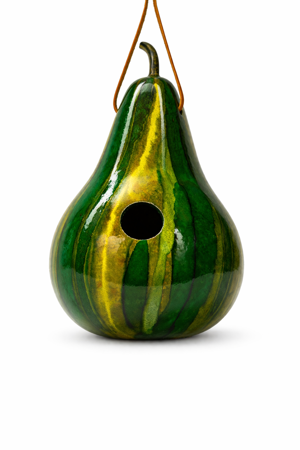 Handmade green striped gourd birdhouse with 1.5-inch entrance, ideal for wrens and chickadees, hanging natural nesting home