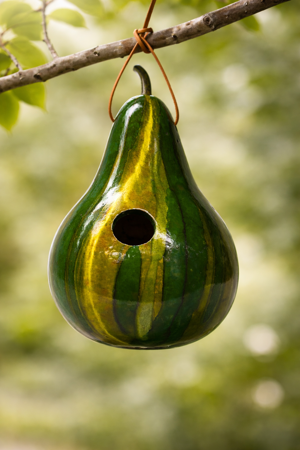Handmade green striped gourd birdhouse with natural striping, 1.5" entrance hole, ideal for wrens and chickadees, lightweight and ready to hang.