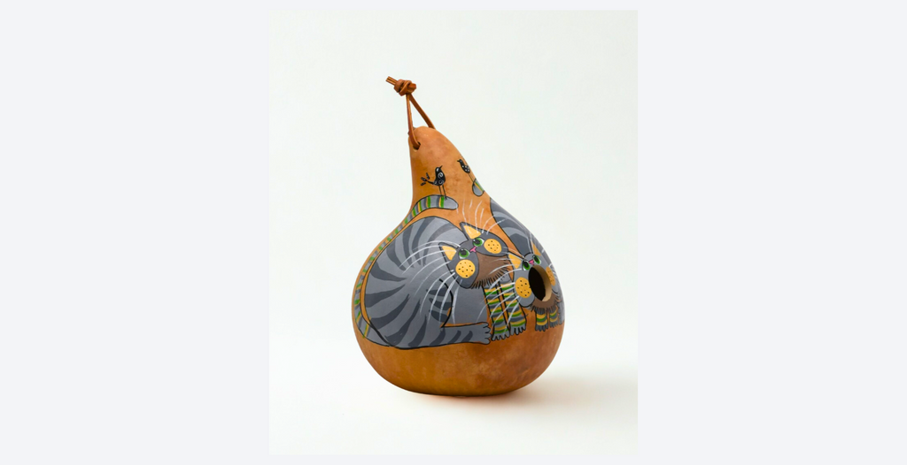 Hand-painted grey tabby gourd birdhouse with leather strap, USA-made outdoor garden decor for small birds