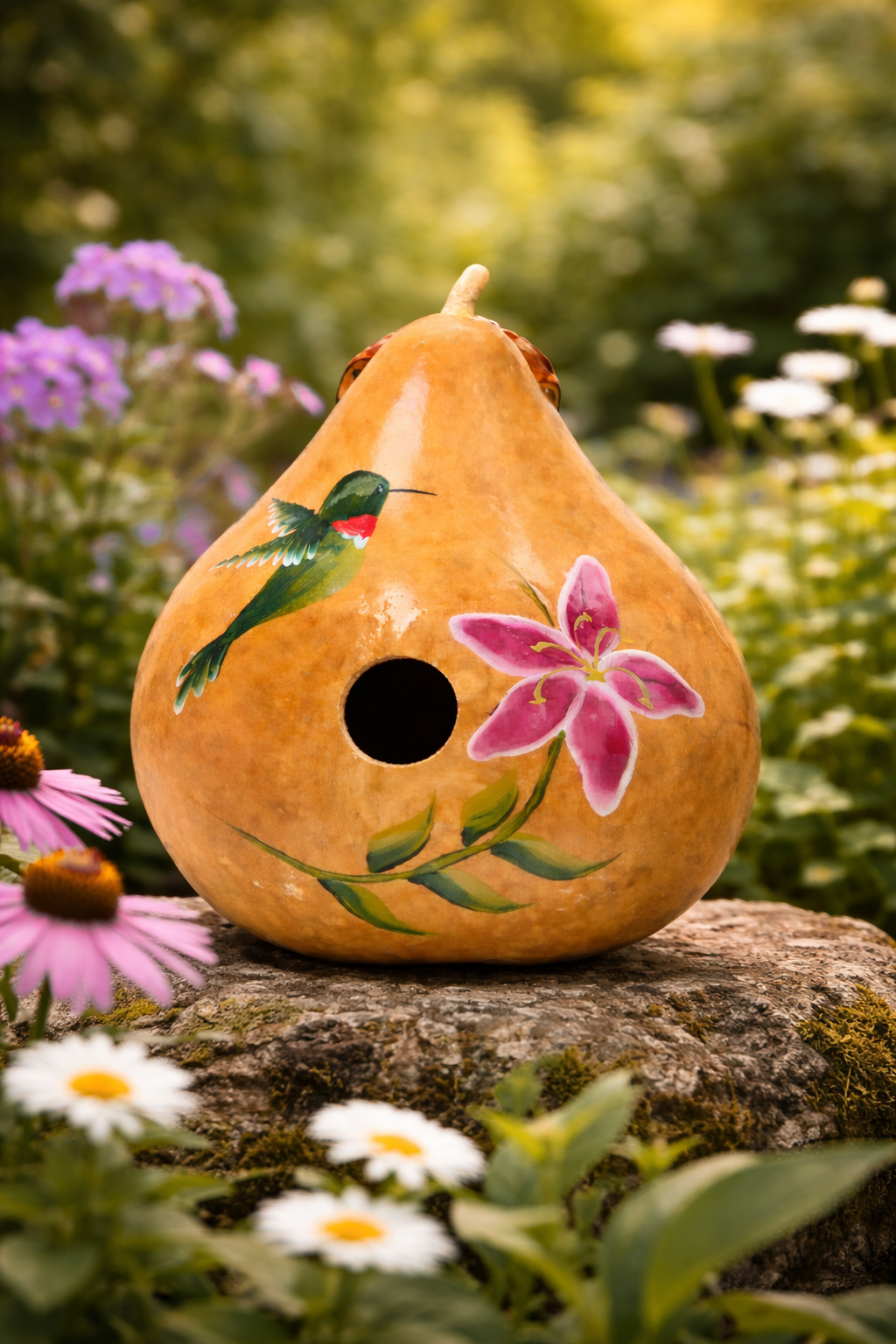 Hand Painted Hummingbird Gourd Birdhouse – Outdoor Garden Decor for Wrens & Chickadees