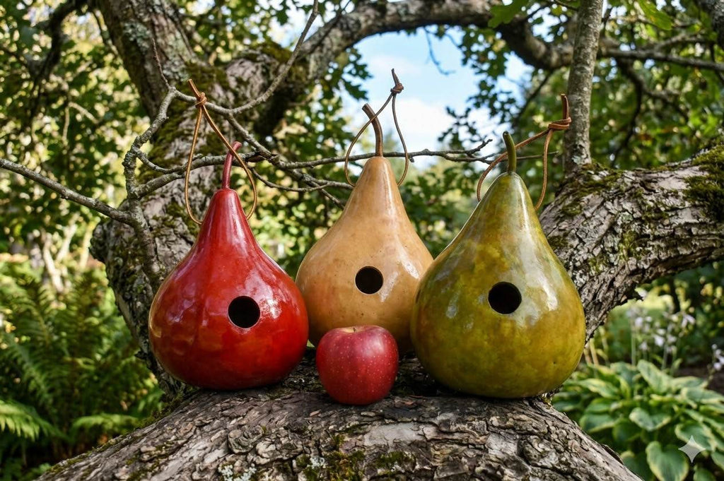 Set of three handcrafted gourd wren birdhouses in red, green, and natural finishes designed for nesting small songbirds.