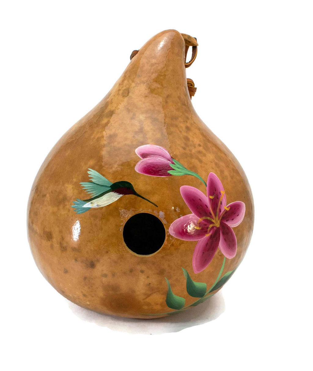 Hand Painted Hummingbird Gourd Birdhouse with Flower 1.5" entrance hole
