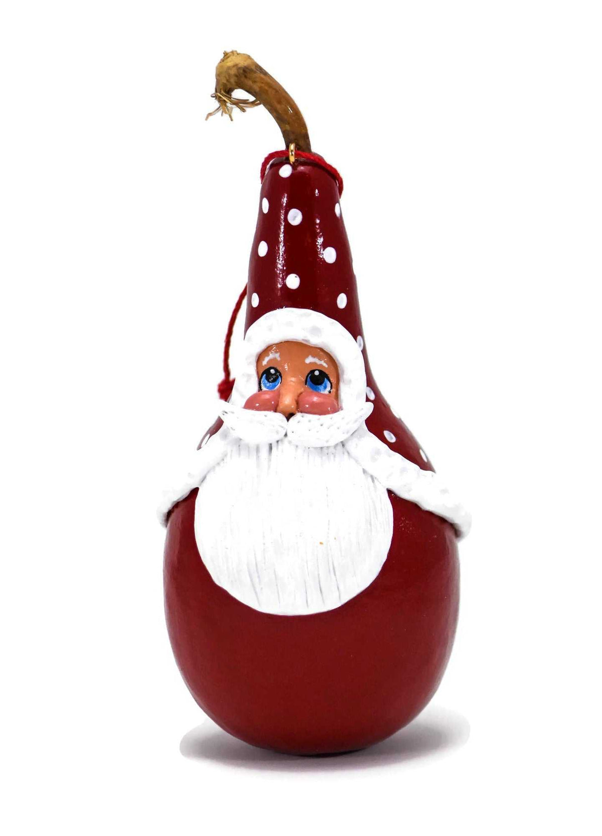 Handmade Santa gourd ornament hanging on Christmas tree, unique holiday decor with hand sculpted face