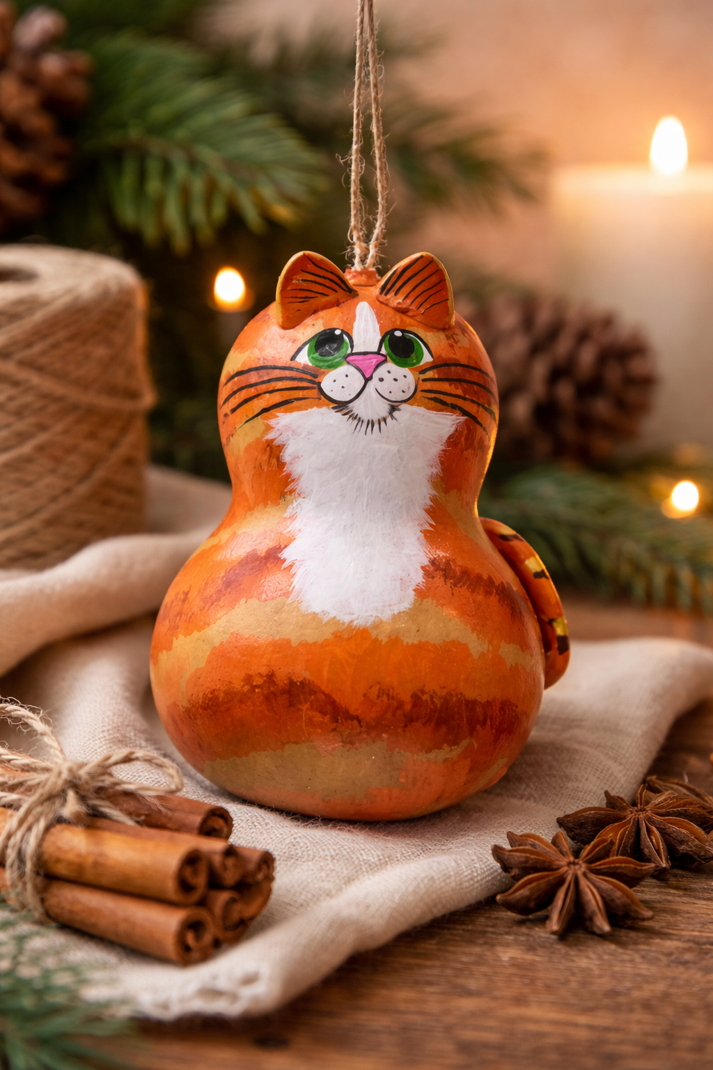 Hand-painted orange tabby cat gourd ornament with white bib, lightweight and unique keepsake gift