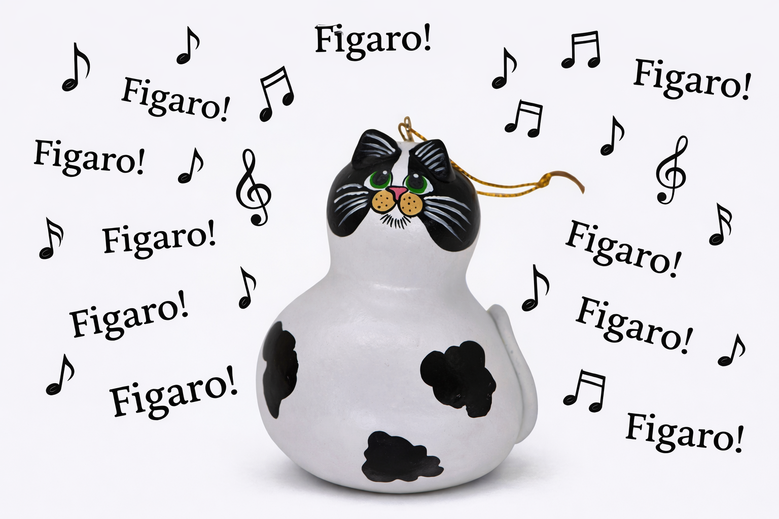 Hand painted cow cat ornament made from natural mini bottle gourd with resin clay ears and tail, perfect cat lover gift