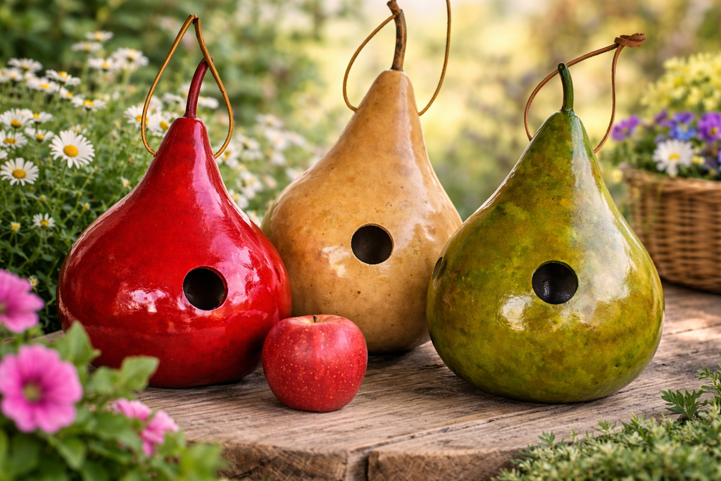Set of three handcrafted gourd wren birdhouses in red, green, and natural finishes for outdoor use