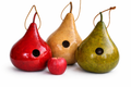 Set of 3 handcrafted gourd wren birdhouses in red, green, and natural finishes for outdoor use