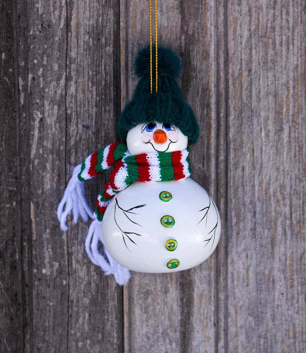 Hand painted snowman gourd ornament with red or green hat, ready to hang Christmas decor