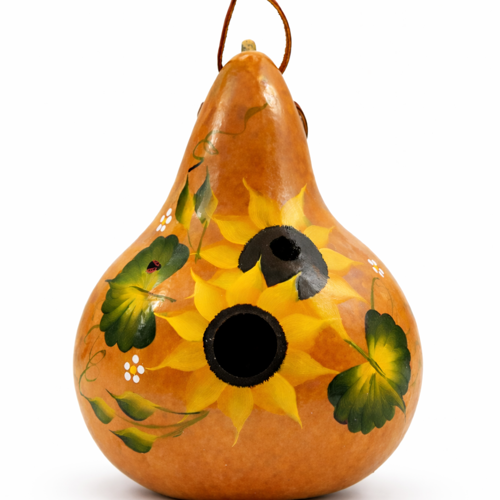 Hand Painted Sunflower Gourd Birdhouse with white background