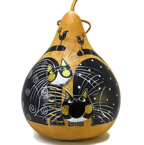 Hand painted cat gourd birdhouse with black tuxedo cat design on white background