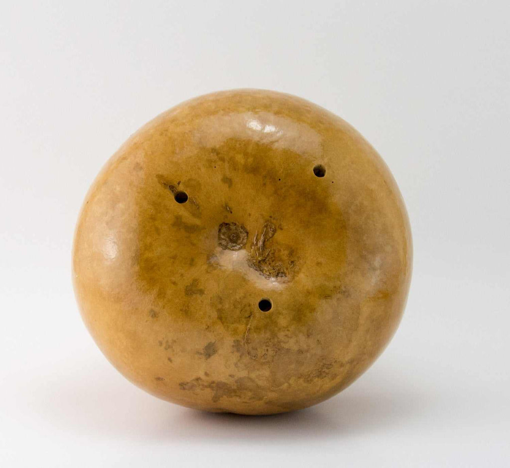 Underside of a gourd birdhouse showing pre-drilled drainage and ventilation holes.