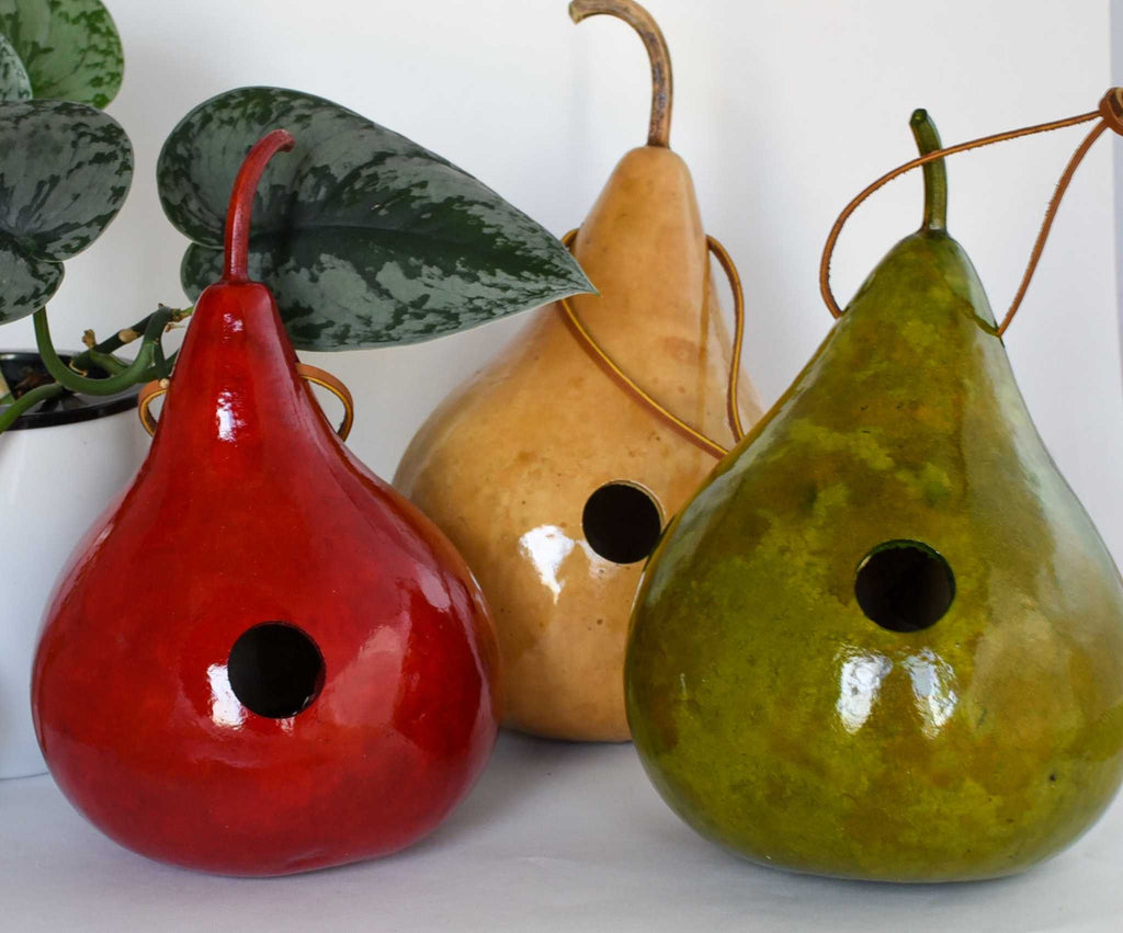 Set of 3 handcrafted gourd wren birdhouses in red, green, and natural colors with 1 1/8" entrance holes for small songbirds