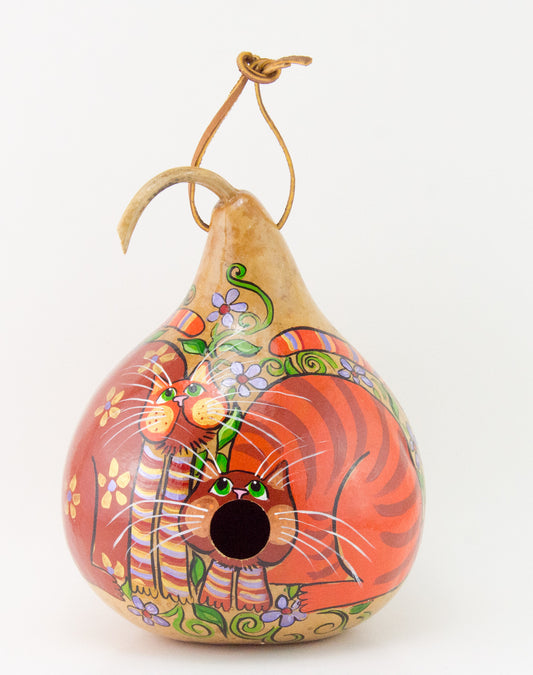 Painted Gourd Birdhouse - Folk Art Cat Design - Gourdaments