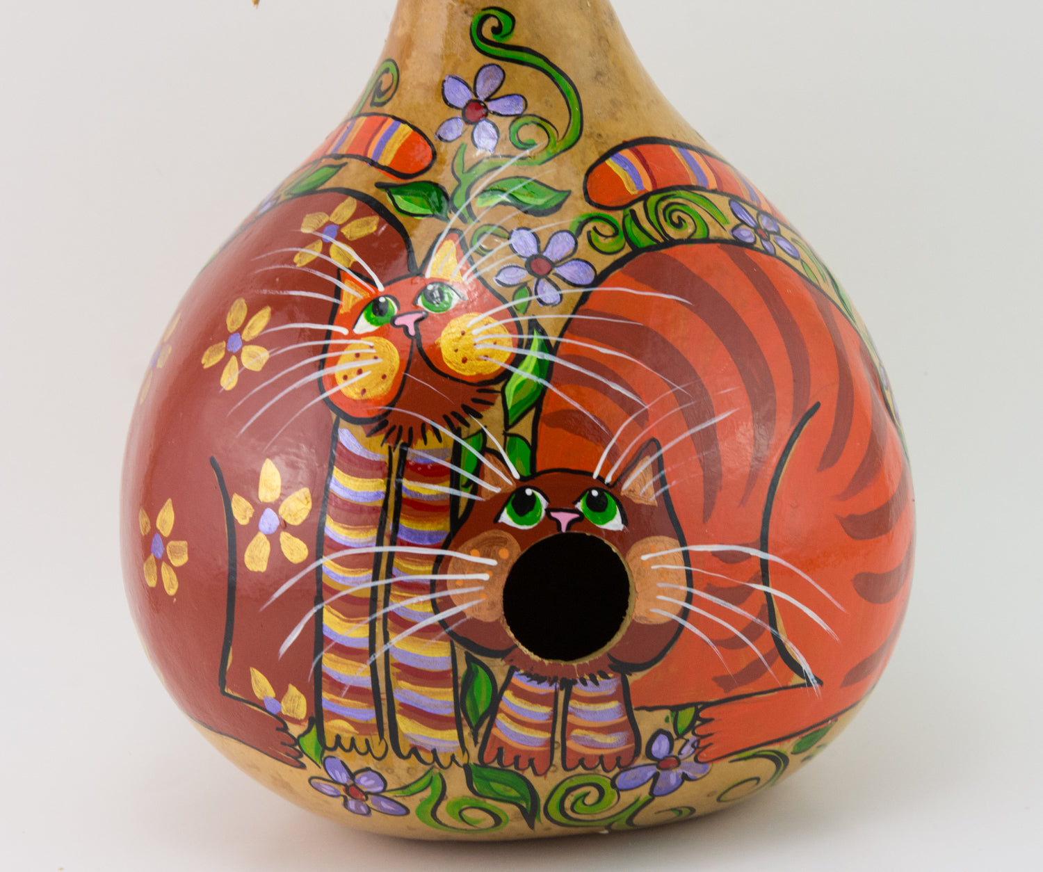 Painted Gourd Birdhouse - Folk Art Cat Design - Gourdaments