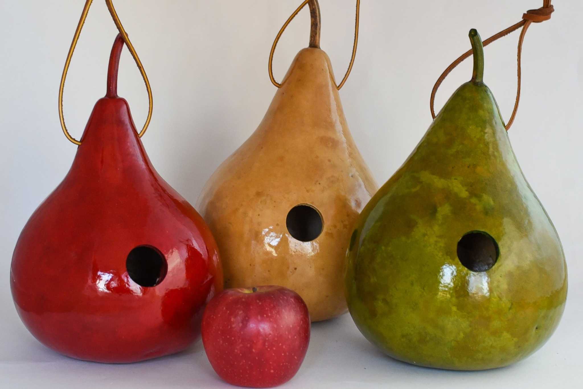 Set of three handcrafted gourd wren birdhouses in red, natural, and green with entrance holes and hanging cords.