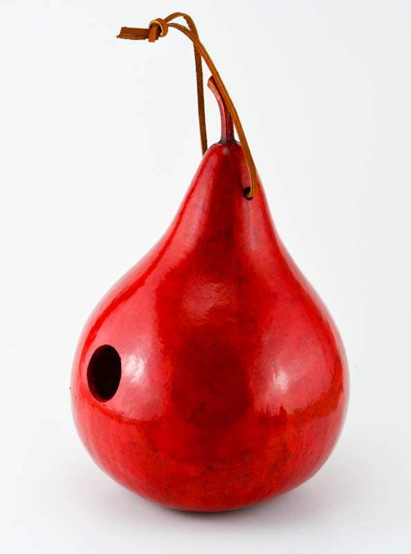 Handcrafted red gourd birdhouse with leather strap and 1.5-inch entrance hole for small birds