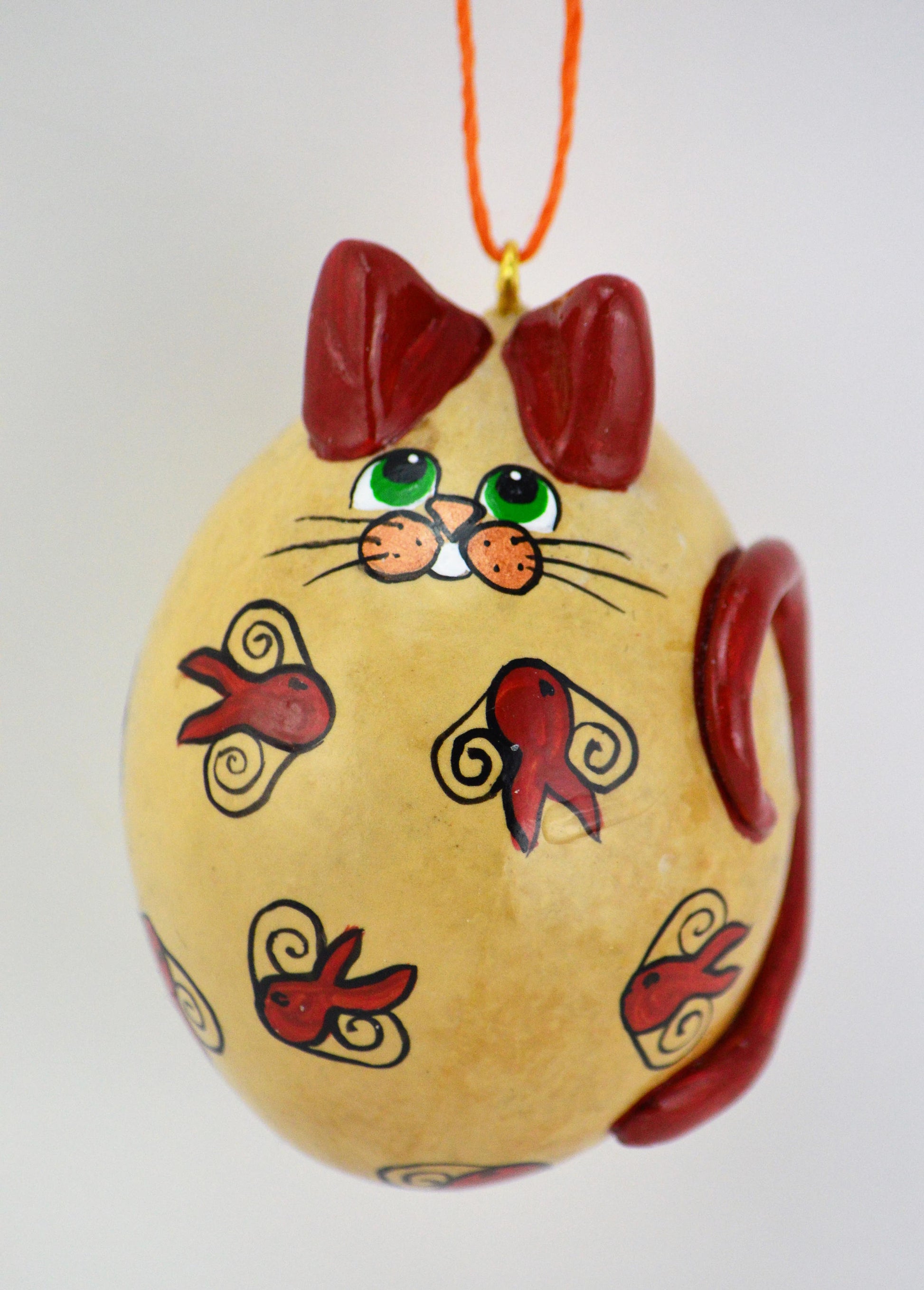 Whimsical Cat, Gourd Art, Ornament, Goldfish, , calico cat art, OOAK, Folk art cat, Holiday Ornament, Egg Gourd - Gourdaments