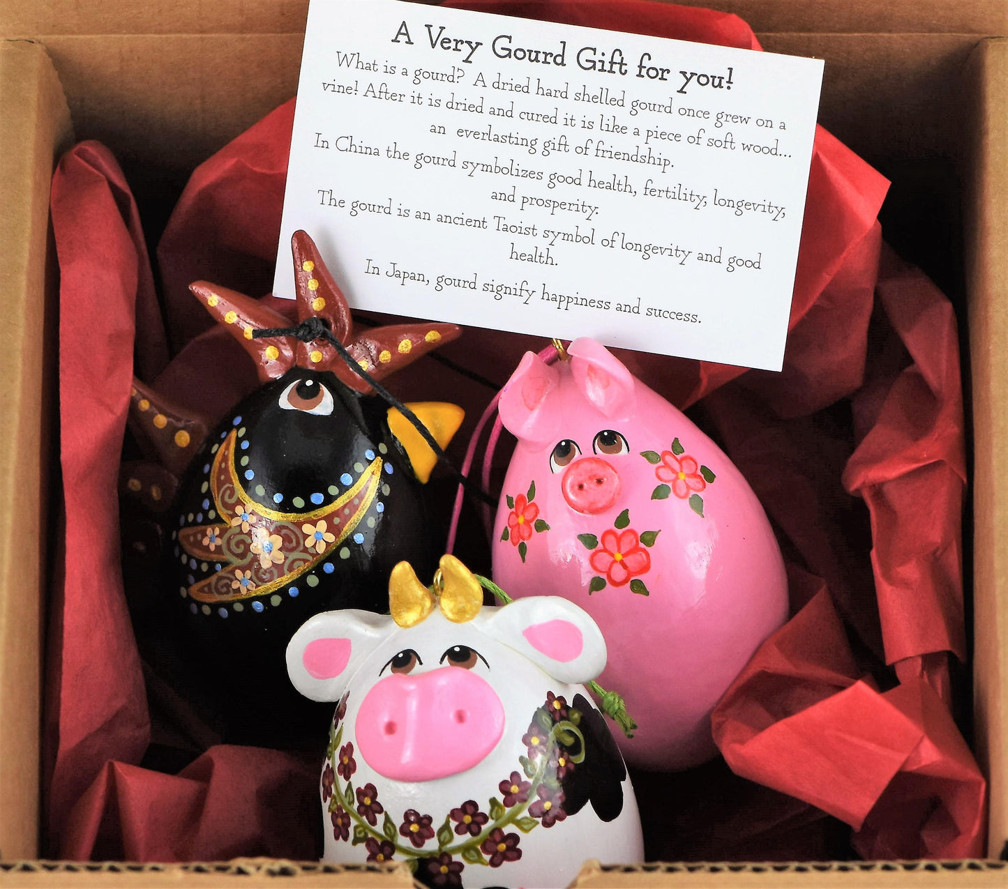 Barnyard Trio Gourd Ornament Set,  Christmas Ornaments, For Your Tree, Perfect Gift for Animal Lover, Rooster, Pig, Cow - Gourdaments