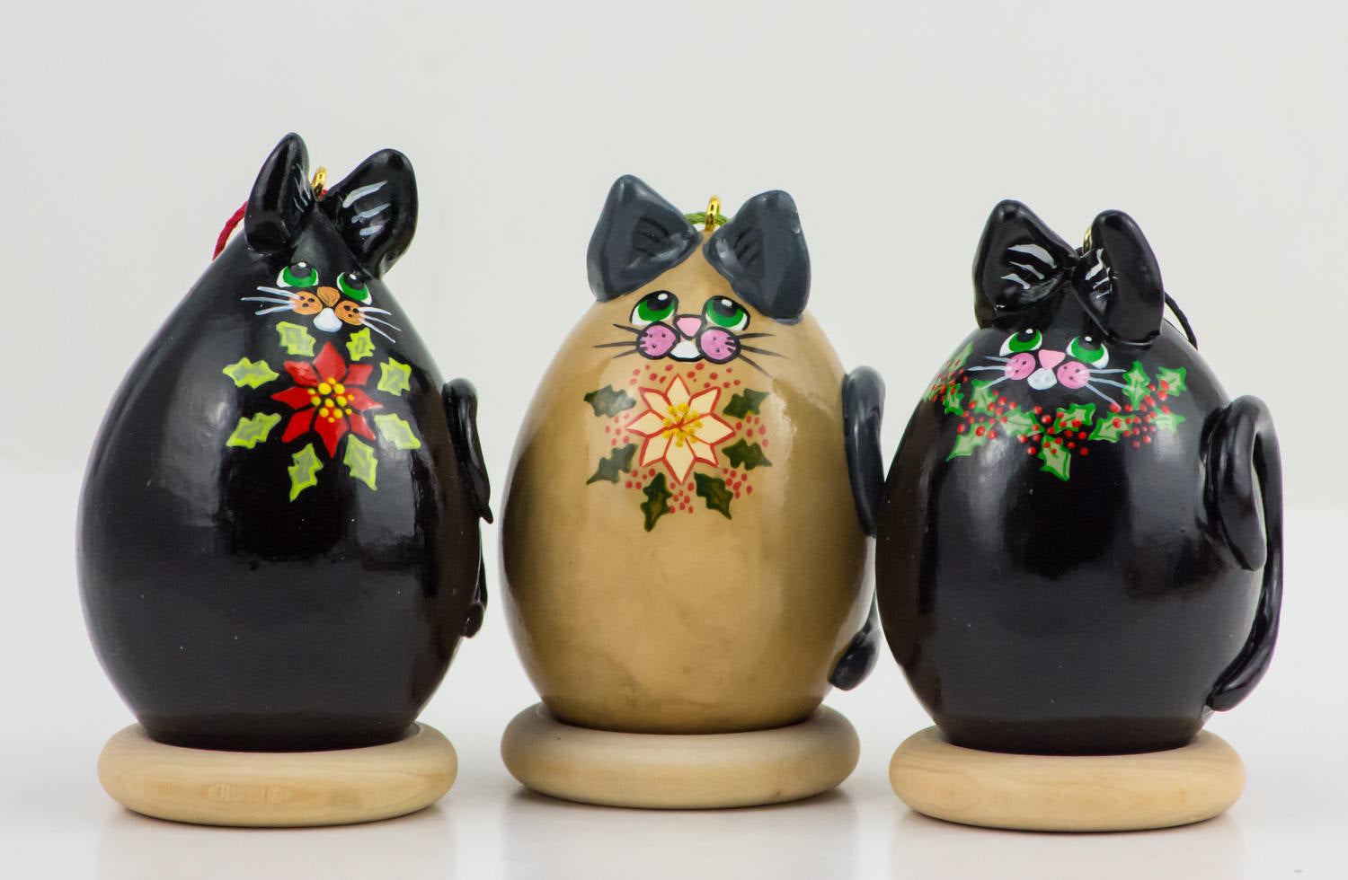 Kitty Cat Gourd Ornament Trio Holly and Poinsettia design - Cat Lover Christmas Gift - Gourdaments