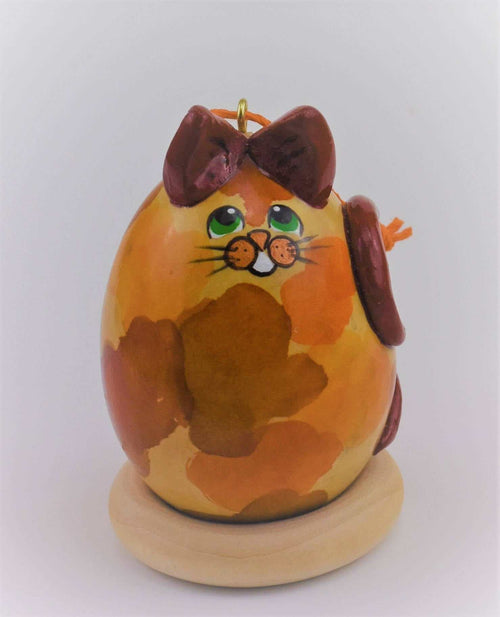 Calico cat gourd art ornament with green eyes and brown patches, handcrafted Christmas decoration for cat lovers