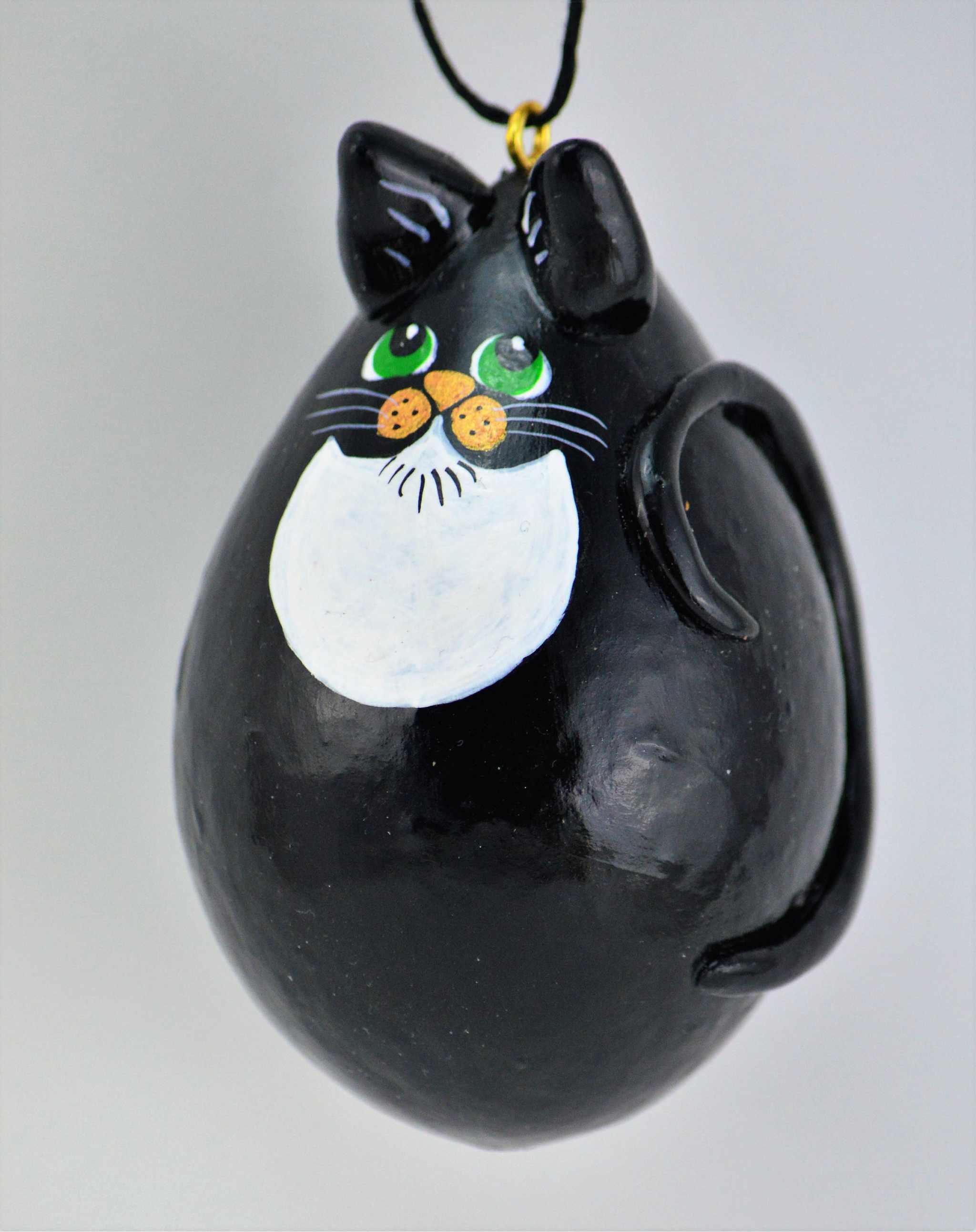 Handmade tuxedo cat black and white gourd ornament with green eyes hanging decoration