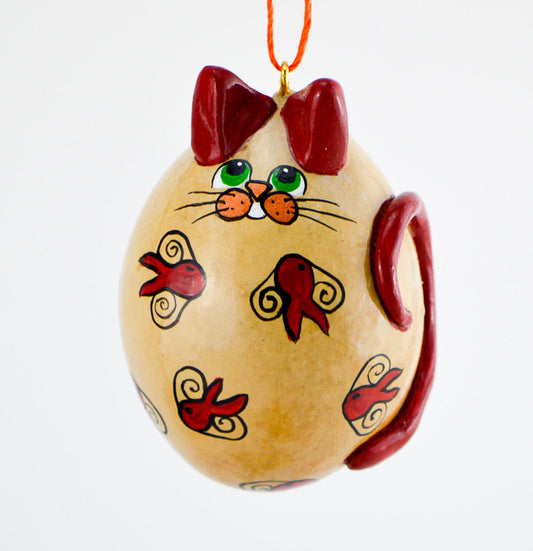 Whimsical Cat, Gourd Art, Ornament, Goldfish, , calico cat art, OOAK, Folk art cat, Holiday Ornament, Egg Gourd - Gourdaments