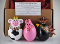 Handmade gourd ornaments of a cow, pig, and rooster for animal lovers, perfect Christmas tree decorations and gifts.