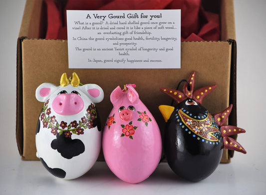 Barnyard Trio Gourd Ornament Set,  Christmas Ornaments, For Your Tree, Perfect Gift for Animal Lover, Rooster, Pig, Cow - Gourdaments