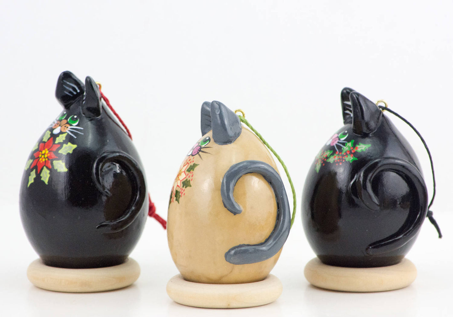 Kitty Cat Gourd Ornament Trio Holly and Poinsettia design - Cat Lover Christmas Gift - Gourdaments