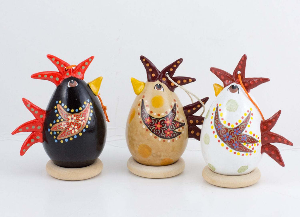 Set of 3 handcrafted chicken Christmas ornaments with intricate floral designs on dried gourds, perfect holiday gift