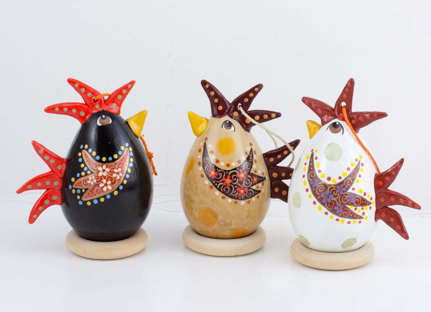 Set of 3 handcrafted chicken Christmas ornaments with intricate floral designs on dried gourds, perfect holiday gift
